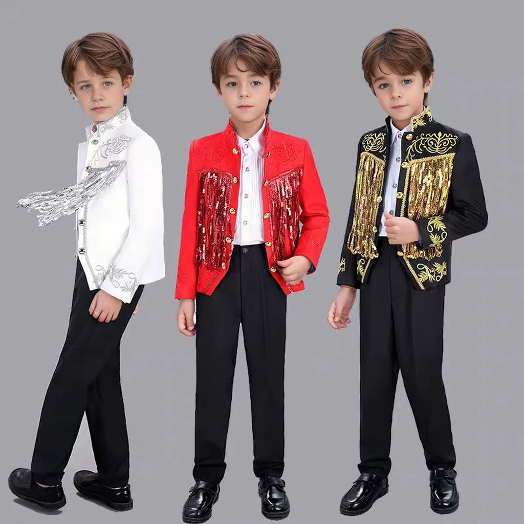 Tassels Suit For Boy Sequin Embroidered Suit Set Stage Performance Piano Performance Jacket Pants 2-Piece Set  3-16 Years