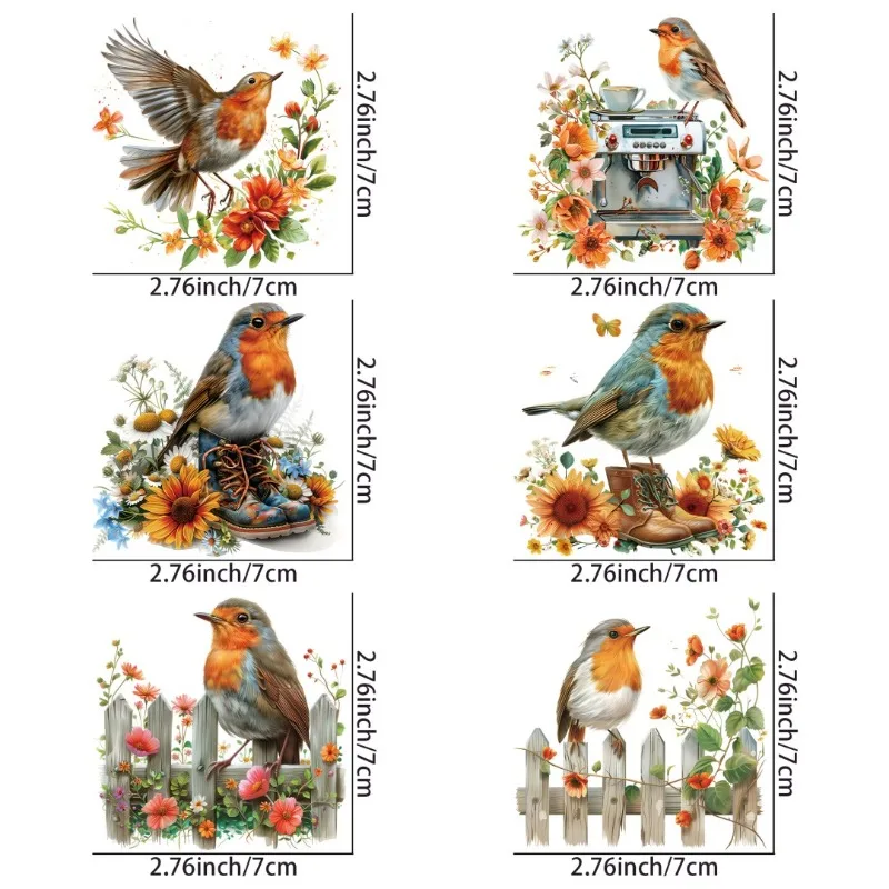 3PCS/6PCS Robin Bird with Flowers DIY Stickers Shirt Clothes Patch Girls Backpack Pillow Washable Heat Transfer Printing