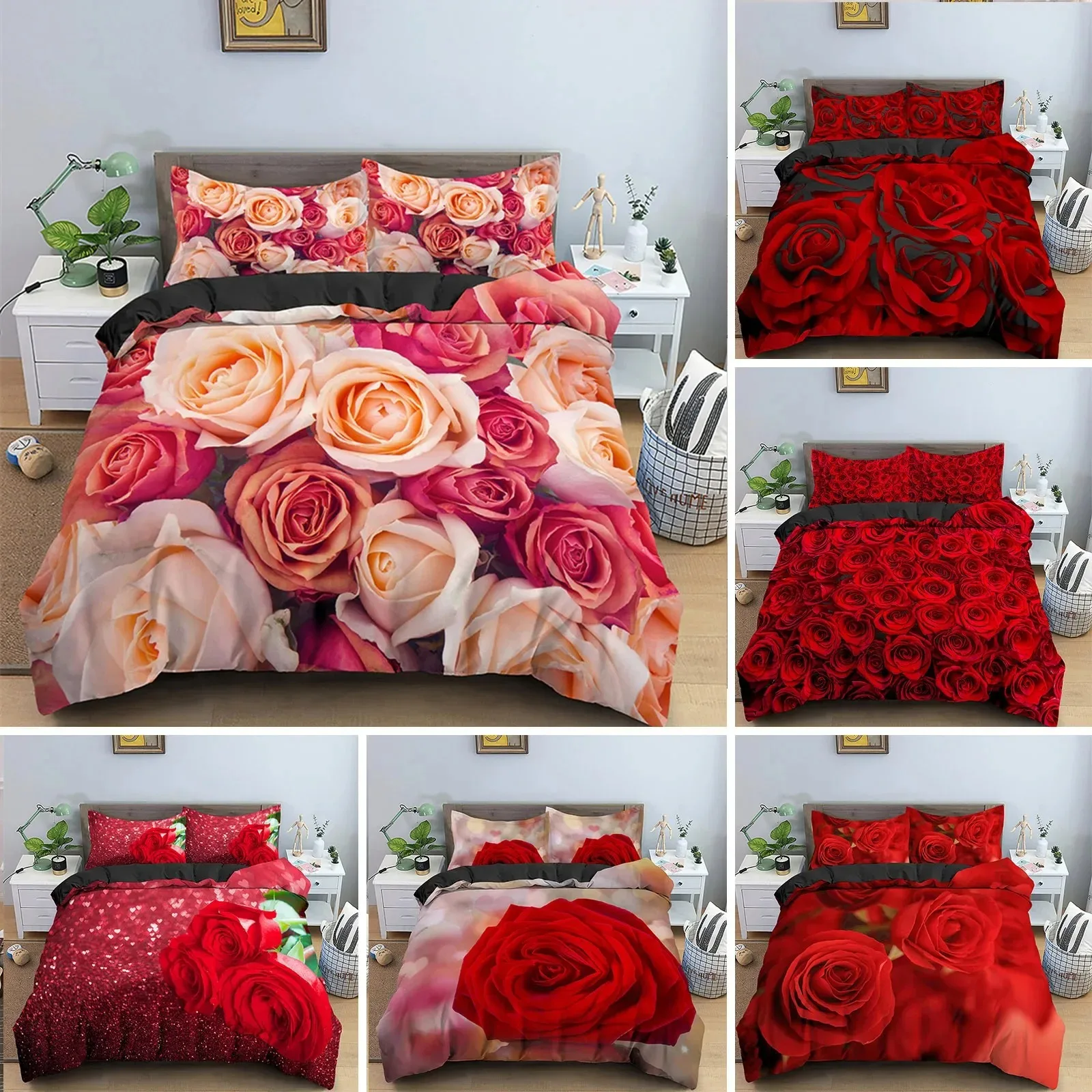 

Floral Duvet Cover Set Full Size 3D Red Rose Bedding Set Microfiber Romantic Flowers Quilt Cover Wedding Valentine's Day Decor