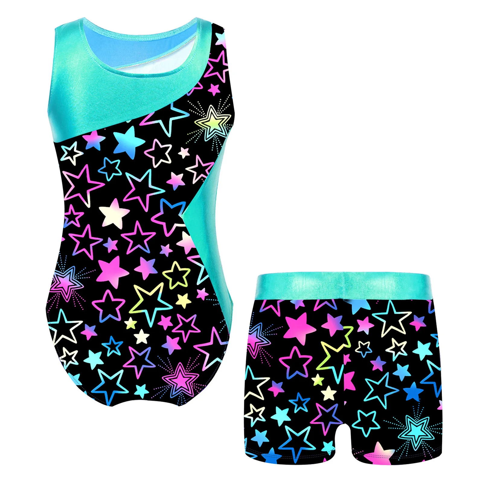 Children Girls Printed Gymnastics Leotard Ballet Dance Outfit 2 Pieces Swimwear Swimsuit Jumpsuit with Shorts Skating Bodysuit