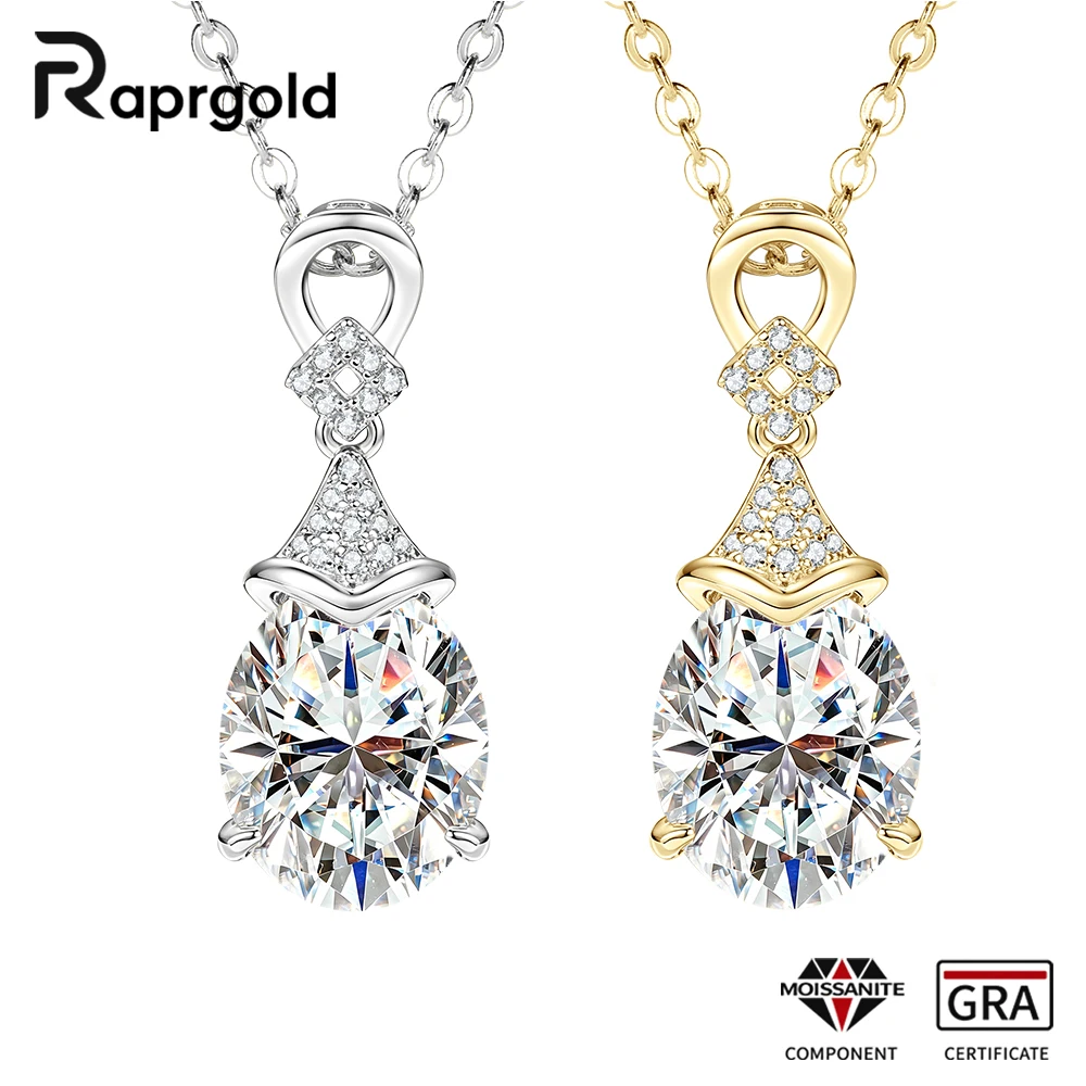 RAPRGOLD 3.0ct 8x10mm D VVS1 GRA Certified Oval Cut Moissanite Waterdrop Pendant Necklace for Women Bridal Wedding Jewelry Gift