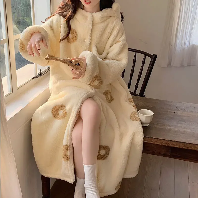 

Female Thickening Type It's Over The Knee Flannel Loungewear Winter Coral Fleece Night Gown Female Wintertime Antistatic Pajamas