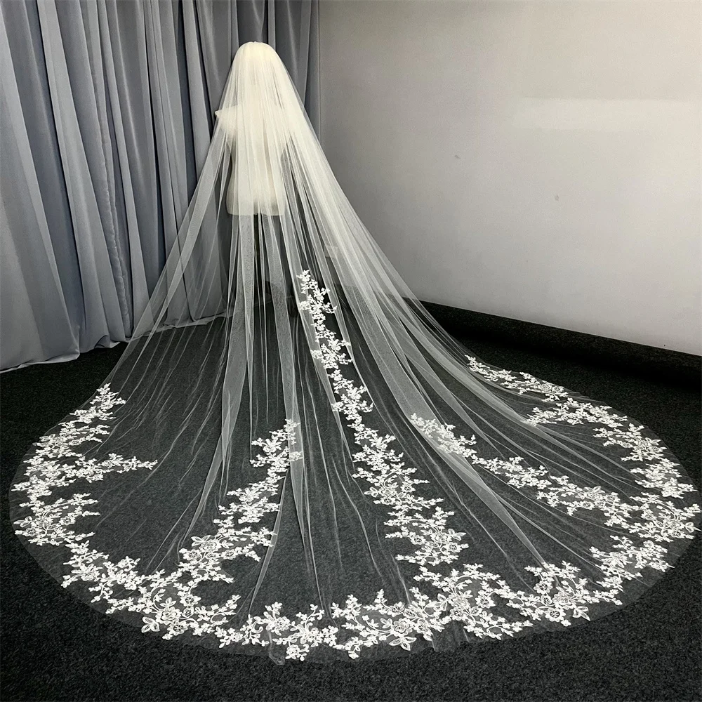 New Long Wedding Veil With Comb 1 Tier Soft TulleFloral Elegant Bridal Veils White Ivory Custom Veil 3M 4M 5M