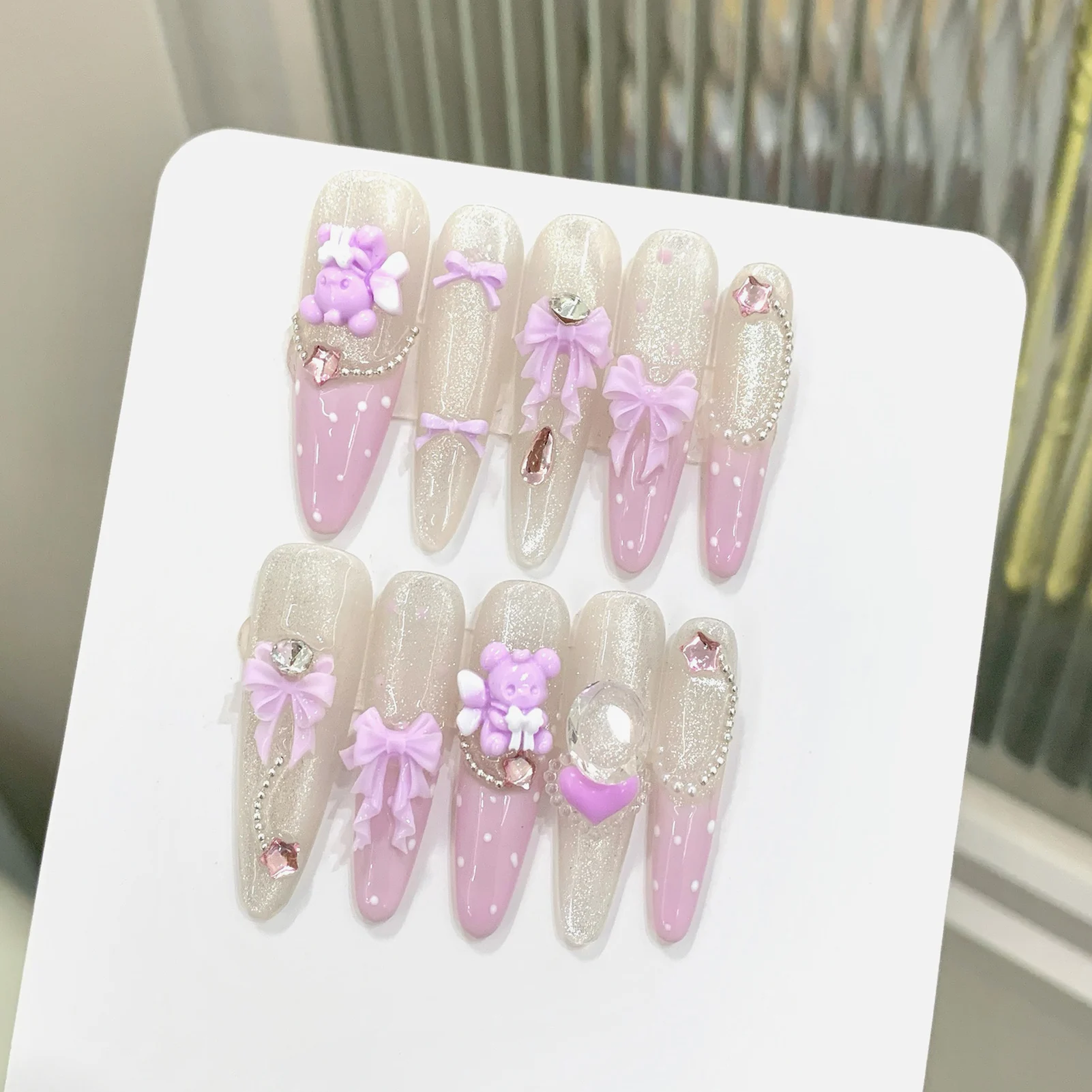 

10pcs Fairy Purple French Style Handmade Fake Nails Sweet Ballerina Wearable Long Almond False Nail Cute Bows Bear Press On Nail