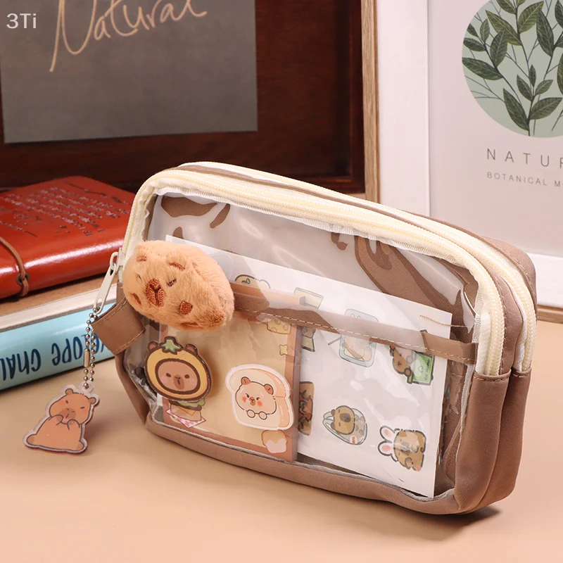 1 Set Capybara Large Capacity Multi-Layer Pencil Case Cute Clear Pencil Pouch Wide Opening Pencil Case For Kids