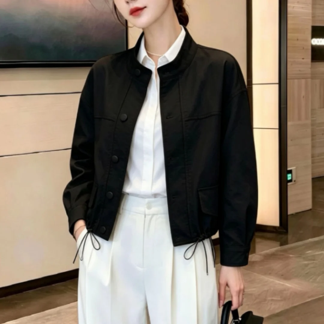 Damen Herbstjacke mit Stehkragen, kurze, dünne, elegante, schlichte Arbeitskleidung, lässiger Langarm-Crop-Top, lockerer Mantel, modisch, einfarbig – Detail 7