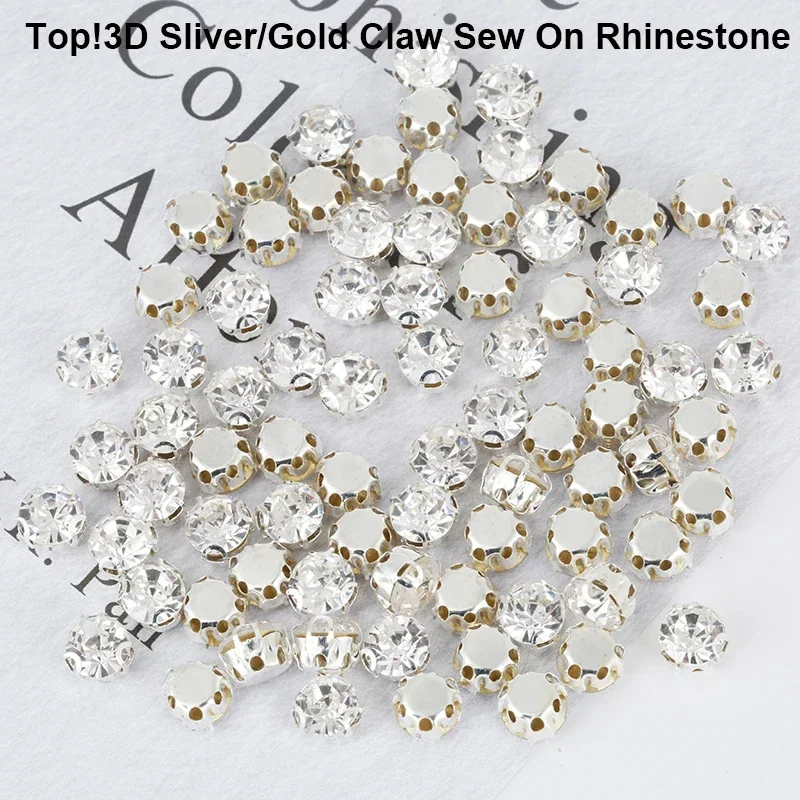 Top 4mm-8mm 3D Sliver Claw Sew On Clear Crystal Rhinestone With Hole Flatback  DIY Sewing Strass Rhinestone For Dress Decoration