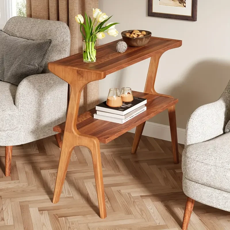 Modern 2-Tier Tall End Table Walnut Wood Legs Farmhouse Style Living Room Bedroom Storage Shelf Narrow Long Bedside Nightstand