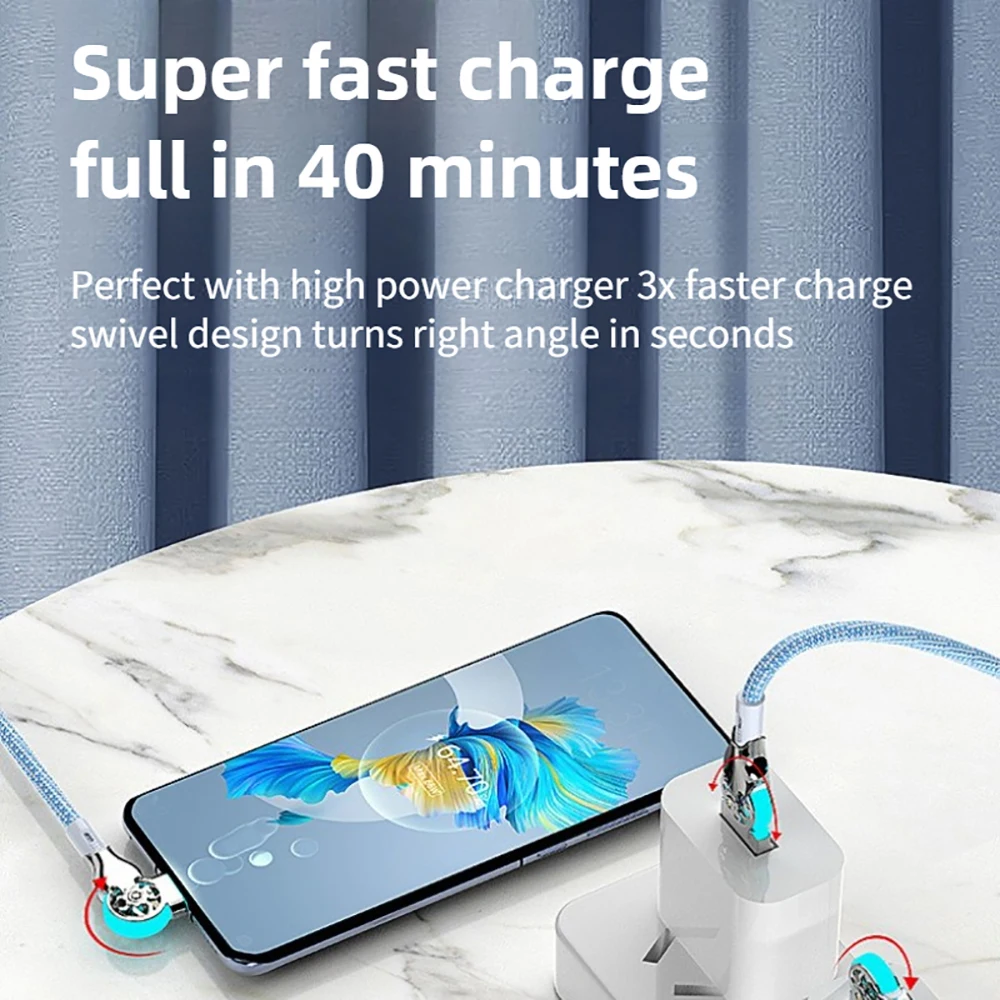 USB C Cable 180 Degree Elbow Rotation Fast Charging Phone Charger Data Cord For iPhone Samsung Xiaomi Type C Quick Charge Cable
