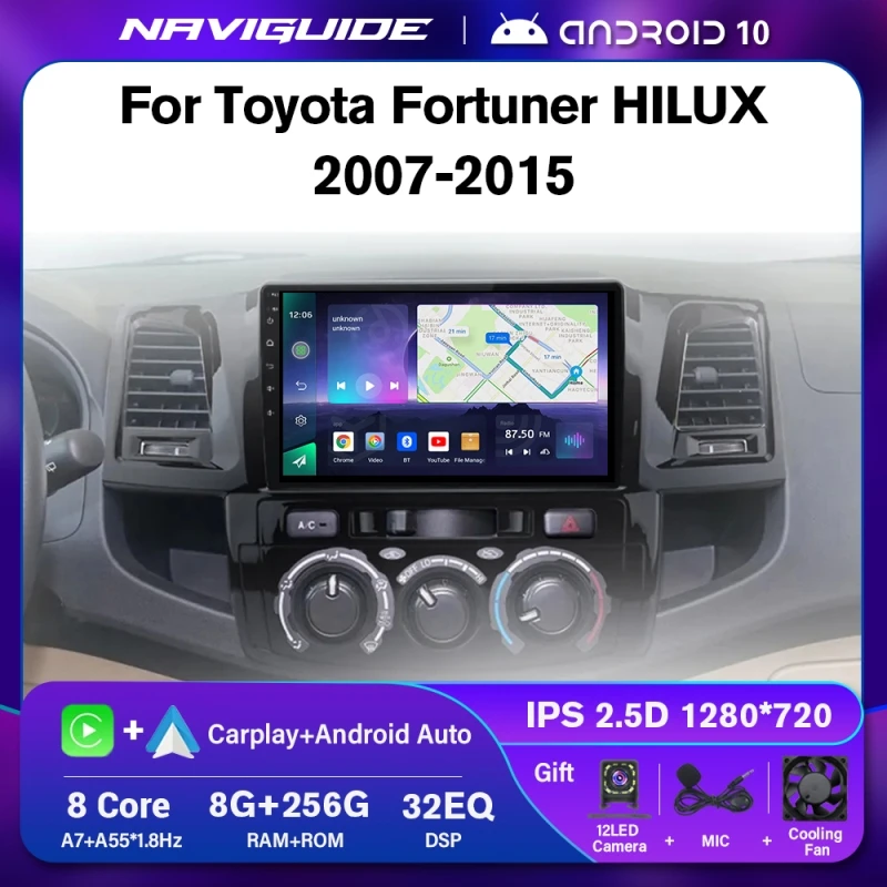 NAVIGUIDE A7 8+256G Car Radio For Toyota Fortuner Hilux MT AT 2007-2015 Carplay Multimedia Player GPS Navigation Autoradio BT