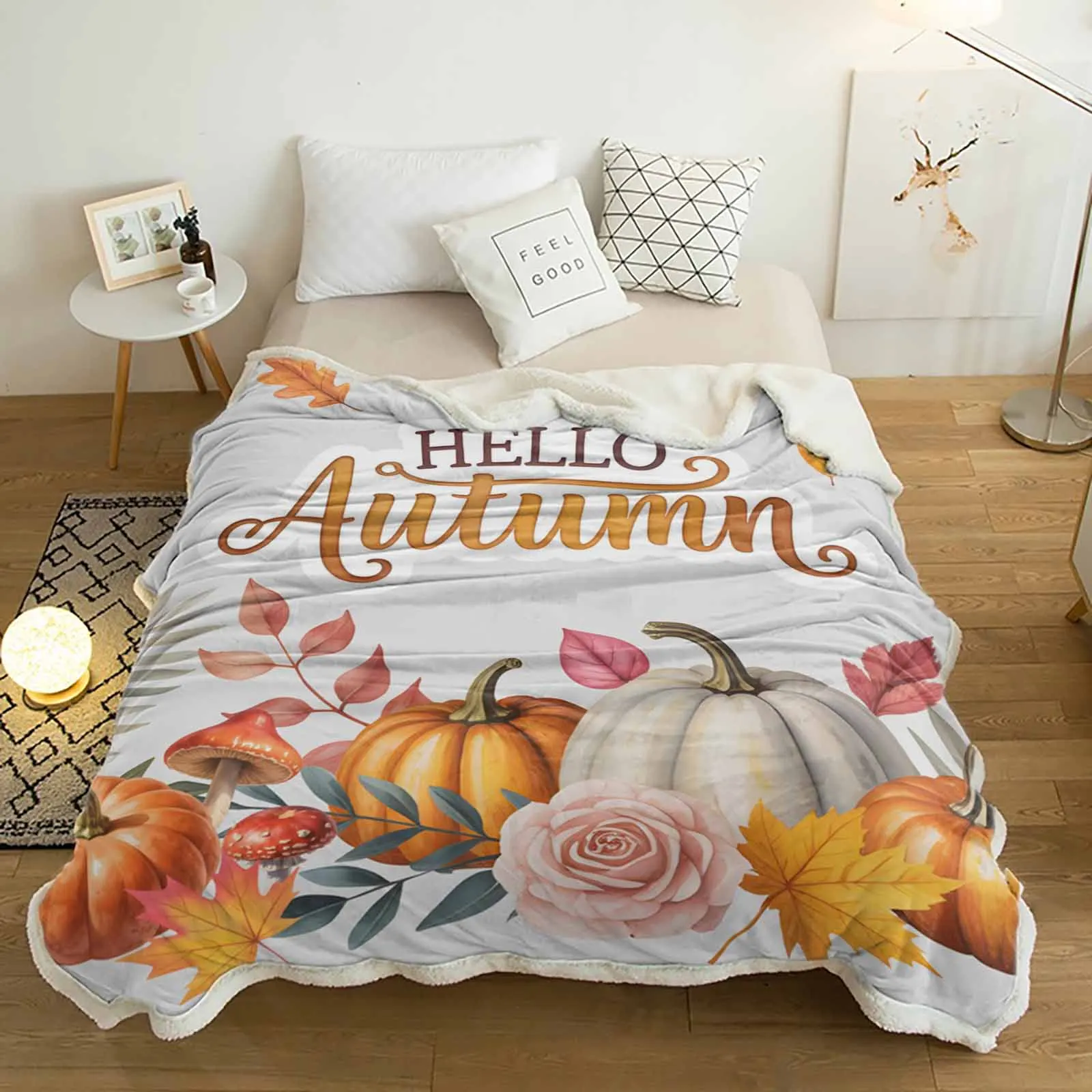 

Pumpkin Mushroom Hello Autumn Letter Cashmere Blanket Warm Winter Soft Throw Blankets for Beds Sofa Wool Blanket Bedspread