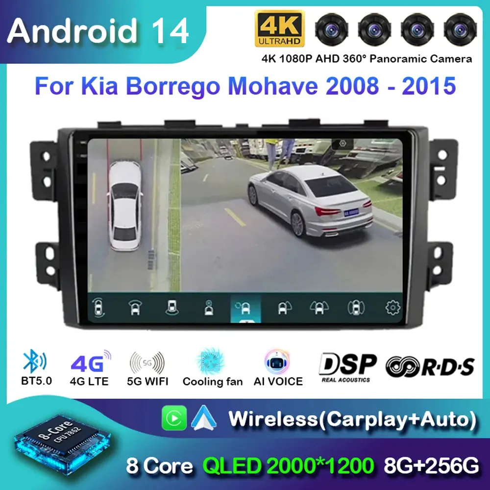 

Автомобильное радио Android 14 Carplay для Kia Borrego Mohave 2008 2009-2015 навигация GPS мультимедийный плеер стерео WiF + 4G 360 камера BT