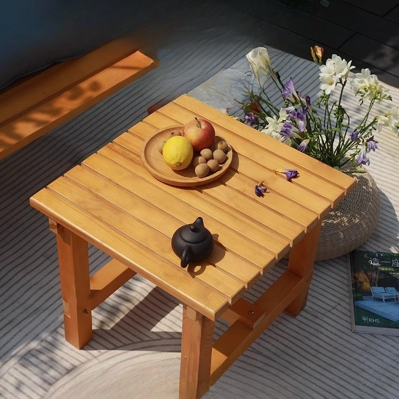 Rustic Wood Coffee Table Balcony Plant Stand Durable Outdoor Patio Furniture Pastoral Style Garden Decor Photo Props Tea Table