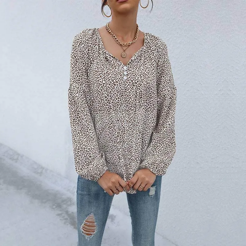 

Spring New Women's Long Sleeve V-Neck Shirt Drawstring Pullover Soft Breathable Polyester Leopard Print Casual Business Top