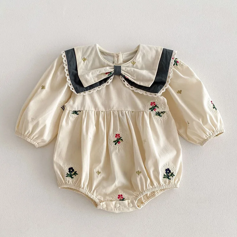

2024 New Spring 0-24M Children Clothes Infant Baby Girls Jumpsuit Long Sleeved Cotton Embroidery Toddler Baby Girls Romper