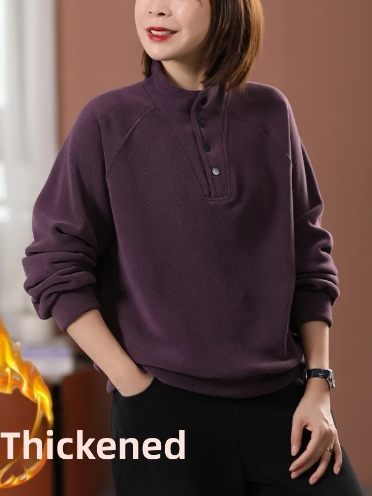 Thickened Double-sided Fleece Hoodie Women's Winter Fashion Warm Base Shirt Brand Tag Removed Stand Collar Long Sleeve Sweats...