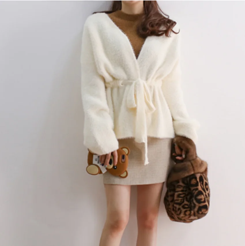 Elegant Korean Chic Autumn Winter Solid Mohair Loose Sweater Coat For Women V Neck Imitation Mink Lace Up Soft Cardigan Outwear