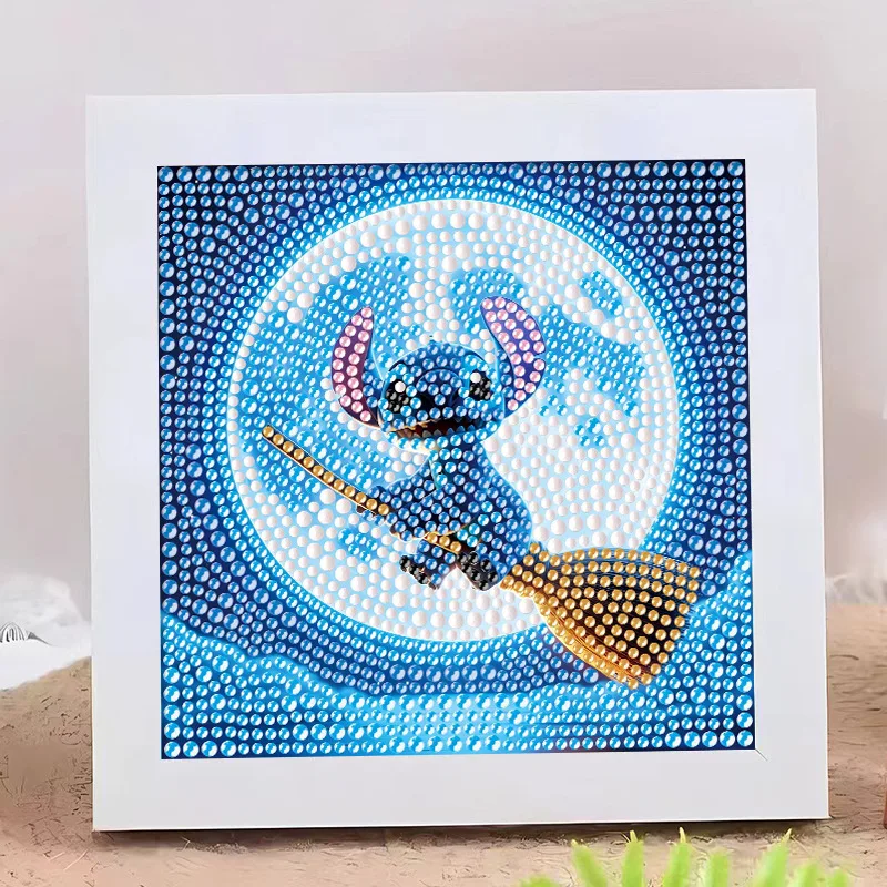 18x18cm 5D Full Round Drill Diamond Painting Kit With Frame Cute Big Ears Blue Alien Pet Ocean Water Wave Pink Flower Blue Backg view 4
