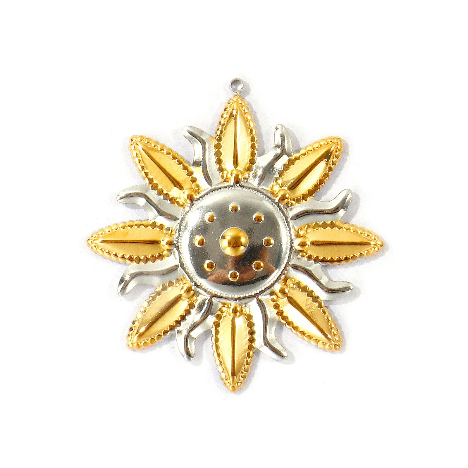 2 Stück zweifarbige Sonnenblumen-Anhänger, 18 Karat vergoldet, aus Edelstahl 304, zum Basteln von Schmuck und Halsketten, Großhandel. – Detail 2