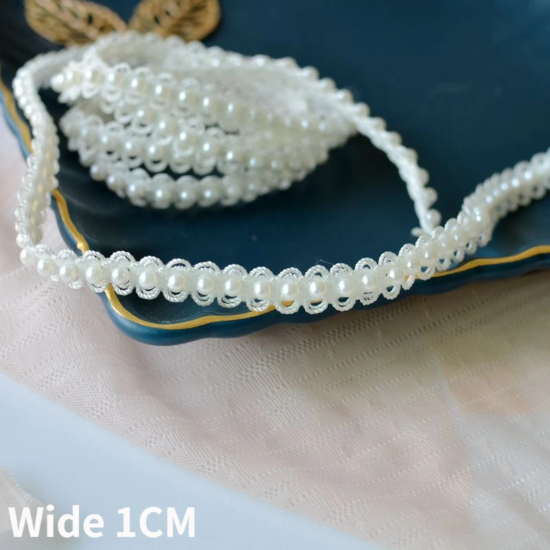 1CM Wide White Hand Stitched Pearl Ribbon Stretch Glitter Beaded Fringe Lace Edge Trim Wedding Headwear Pet Clothes Sewing Decor