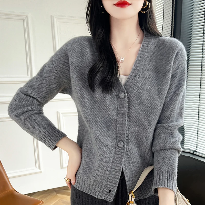 Free Shipping 100% Wool Knitted V-neck Winter Cardigans Cashmere Sweaters Women  Soft High Quality Ladies Jumpers Clothes 2024