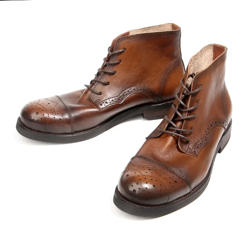 Luxury Brand Men's Genuine Leather Ankle Boots Autumn Winter Lace Up Office Formal Basic Boots Men Brogue High Top Shoes