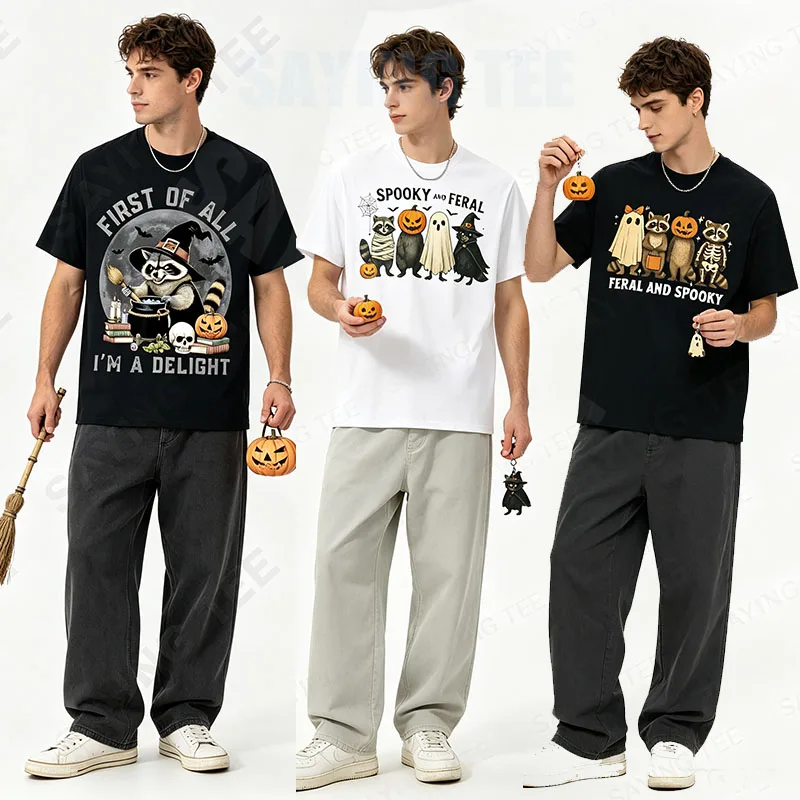 Spooky and Feral Halloween Witch Raccon Ghost Mummy Costume T-Shirt Y2k Trick or Treat Vintage Boo Witch Pumpkin Graphic Apparel