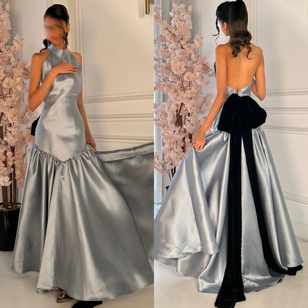 Moda personalizada cetim halter vestido de noite requintado sereia sem mangas vestido de baile moda aberta volta vestidos de ocasião especial