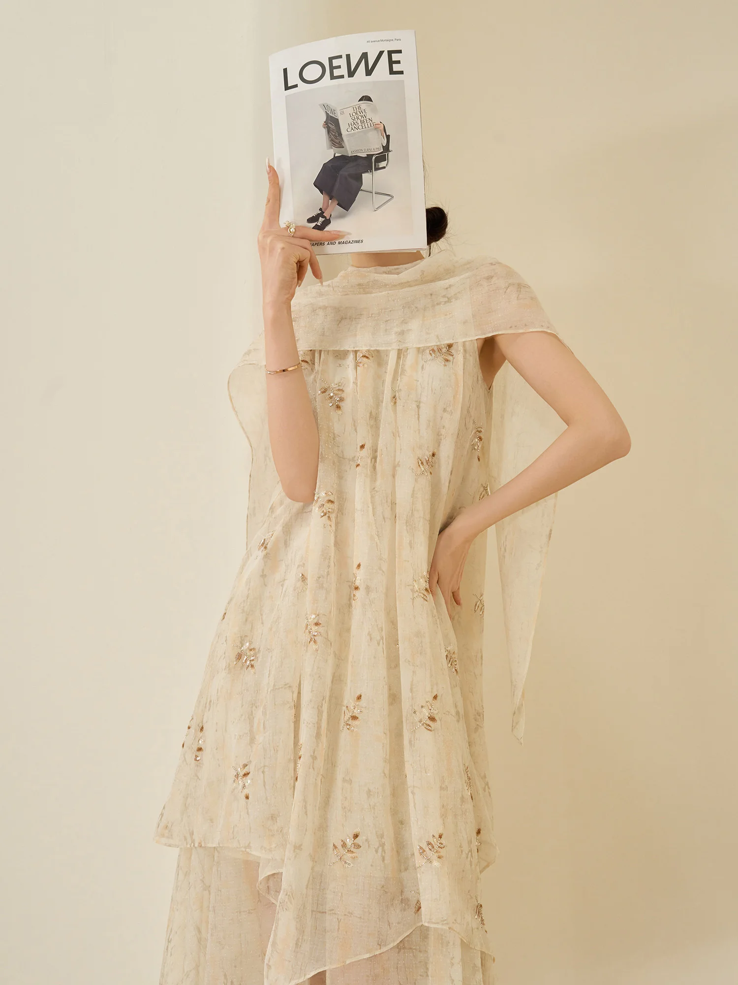 

Ele Embroidered Chiffon oulder Dr Women's Design Sense Uneven Svel Dr Flowing Era2026 Spring Commute Sle