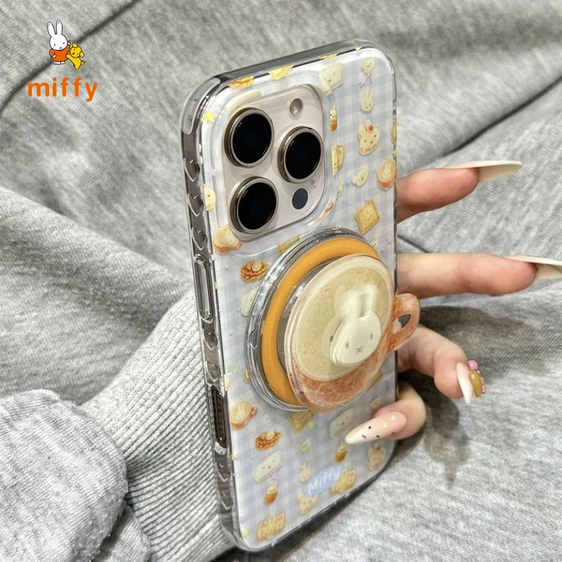 Kawaii Miffy الهاتف قذيفة مناسبة آيفون 17 16 15 14 الإبداعية القهوة المغناطيسي حامل متقلب مكافحة قطرة جراب هاتف Gifr هدية