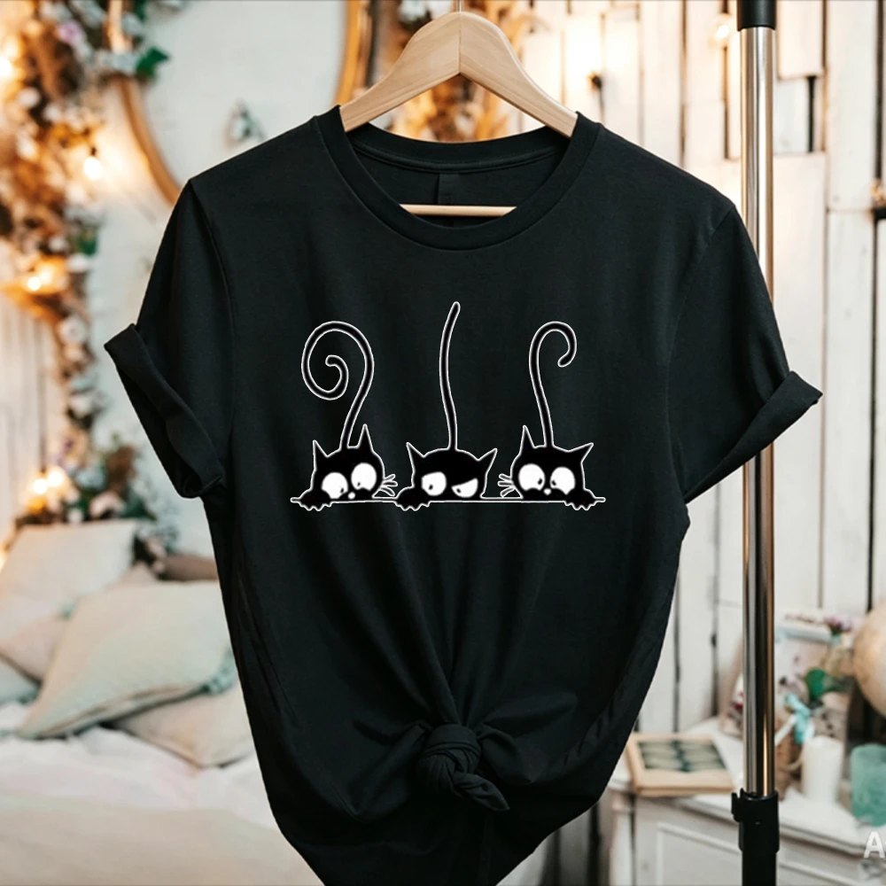Three Peeking Black Cats Cartoon Graphic T-Shirt Cute Curious Kitten Print Unisex Cat Lover Pet Owner Soft Cotton Fashion Tees