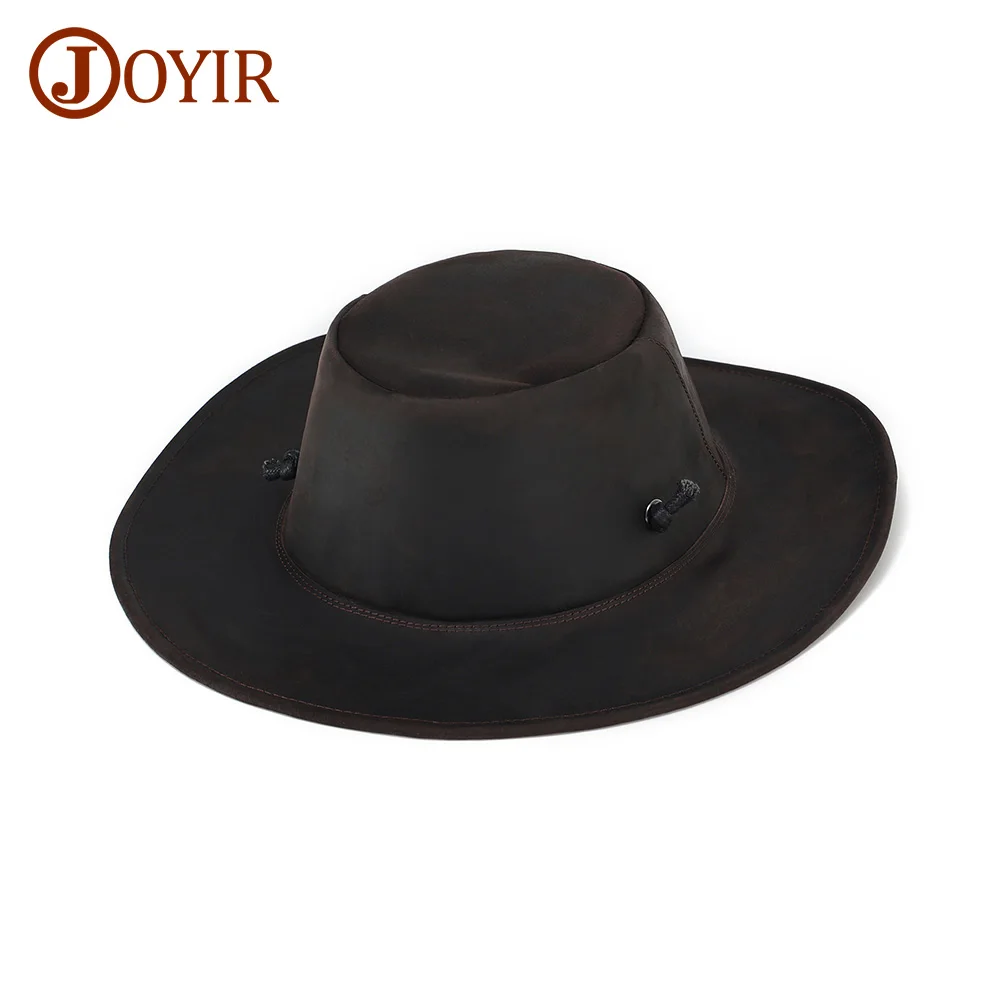 JOYIR High Quality Genuine Leather Male Western Cowboy Hat Vintage Jazz Fedora Cowhide Leather Large 62CM for Men New