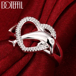 DOTEFFIL 925 Sterling Silver Dolphin Heart AAAAA Zircon Ring For Woman Fashion Wedding Party Gift Charm Jewelry