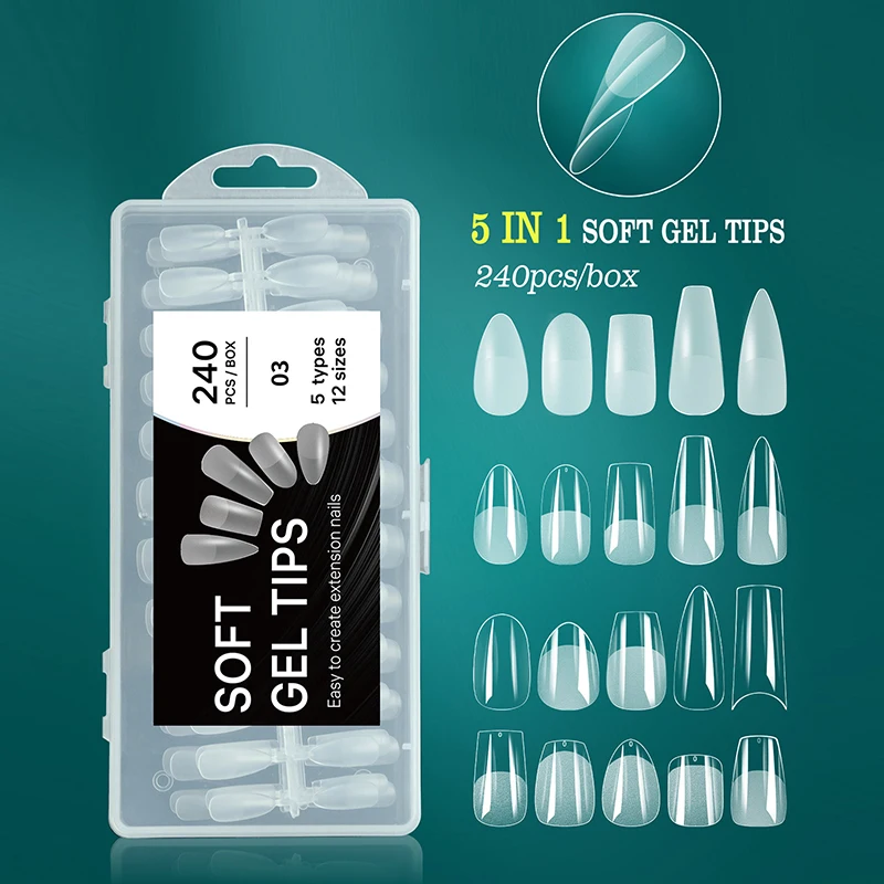 

240PCS Soft Gel X Nail Tips Full Cover Coffin Stiletto Fake Nails Extra Short Almond Square Soak Off Gel False Nail Tips