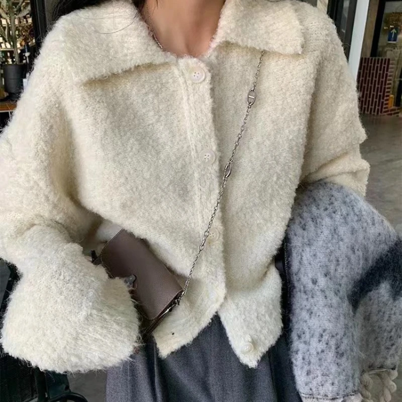 

Retro single breasted loose knit cardigan autumn and winter new women's lapel collar loose versatile sweater jacket