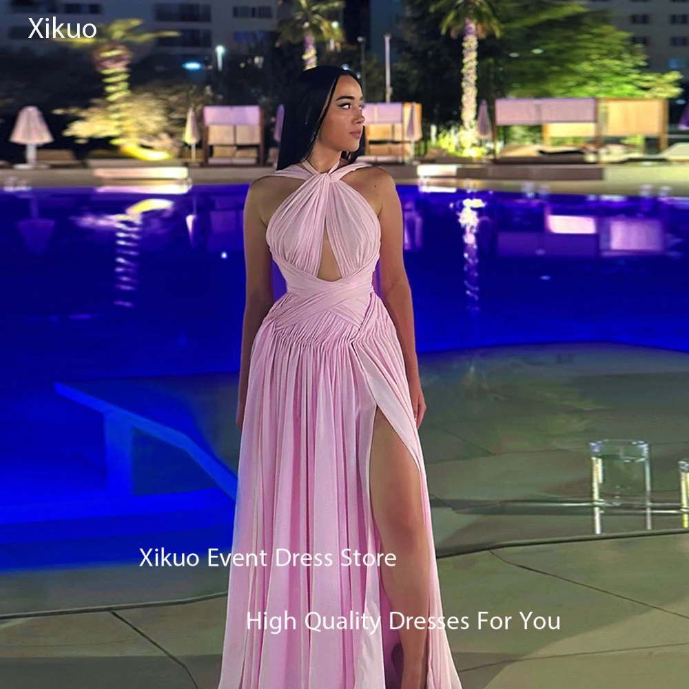 

Xikuo Изящные розовые шифоновые вечерние платья с лямкой на шее, плиссированные платья Vestidos De Fiesta, летнее танцевальное платье с высоким разрезом по бокам, по индивидуальному заказу