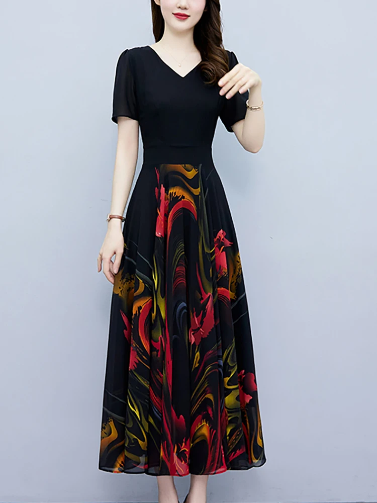 2024 Black Patchwork Print Vintage Midi Dress Women Elegant Luxury Party Maxi Dress Summer Casual Bodycon Prom Evening Vestidos