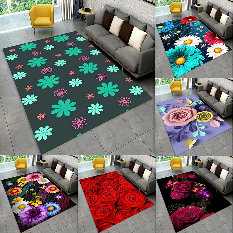 Floral Butterfly Rectangular Rug Various Vivid Flower Patterns with Butterflies perfect for enhancing the decor of living rooms
