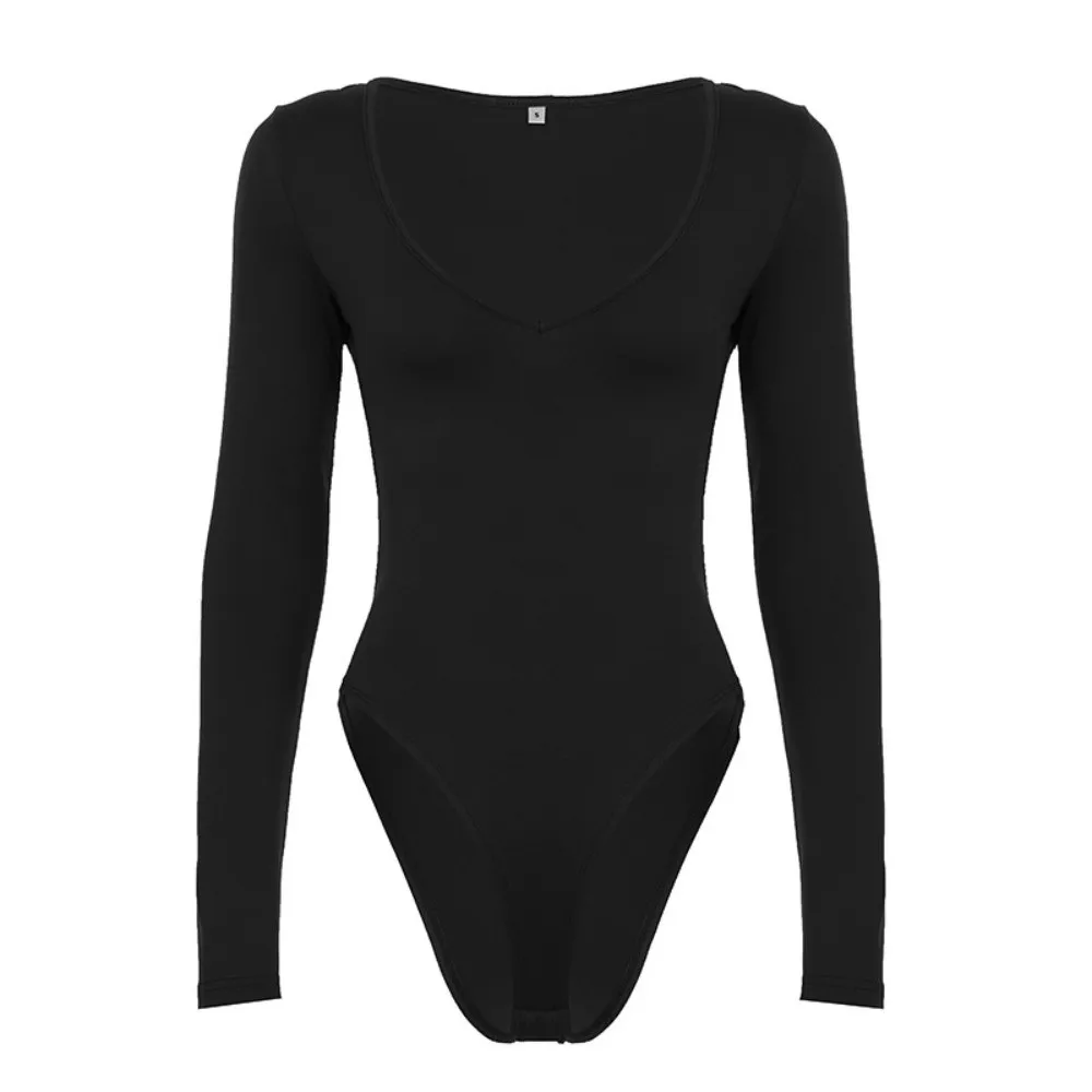 Tops cortos ajustados con cuello en V elegantes, Top dulce de manga larga, mono ajustado elástico y cómodo para chica picante