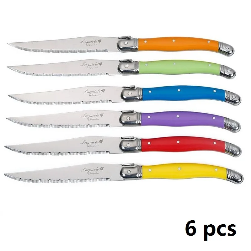 6pcs/7pcs Stainless Steel Steak Knife Set Laguiole Steak Knives With Wooden Holder Steel Dinner Knife  Colorful Xmas Cutlery Set