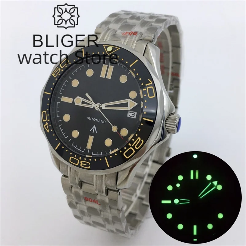 

BLIGER 41mm Mechancial Men Watch Sapphire Glass Black Dial NH35A MIYOTA PT5000 Movement Steel Bracelet Ceramic Bezel Date Functi