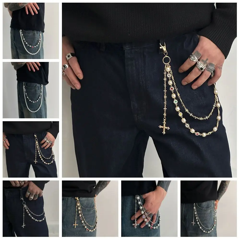 Rantai Pinggang Mutiara Rumbai Fashion Rantai Jeans Rumbai Gotik Aloi Seng Rantai Sabuk Punk Hip Hop Harajuku Pria