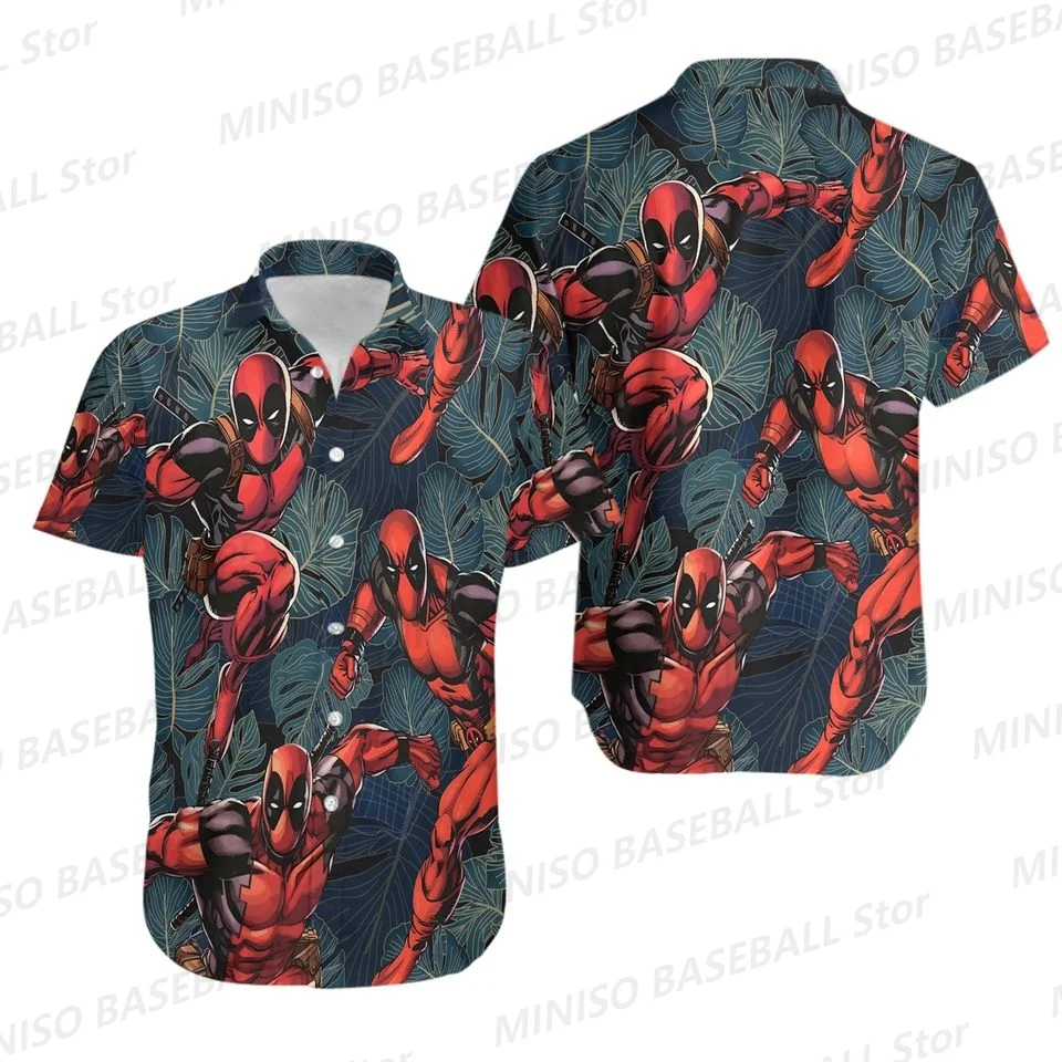 2024 New Summer Boy Marvel Deadpool Aloha Neon Shadow Printed Hawaiian Shirt Kids/Adult Casual Street Personality Vacation Shirt