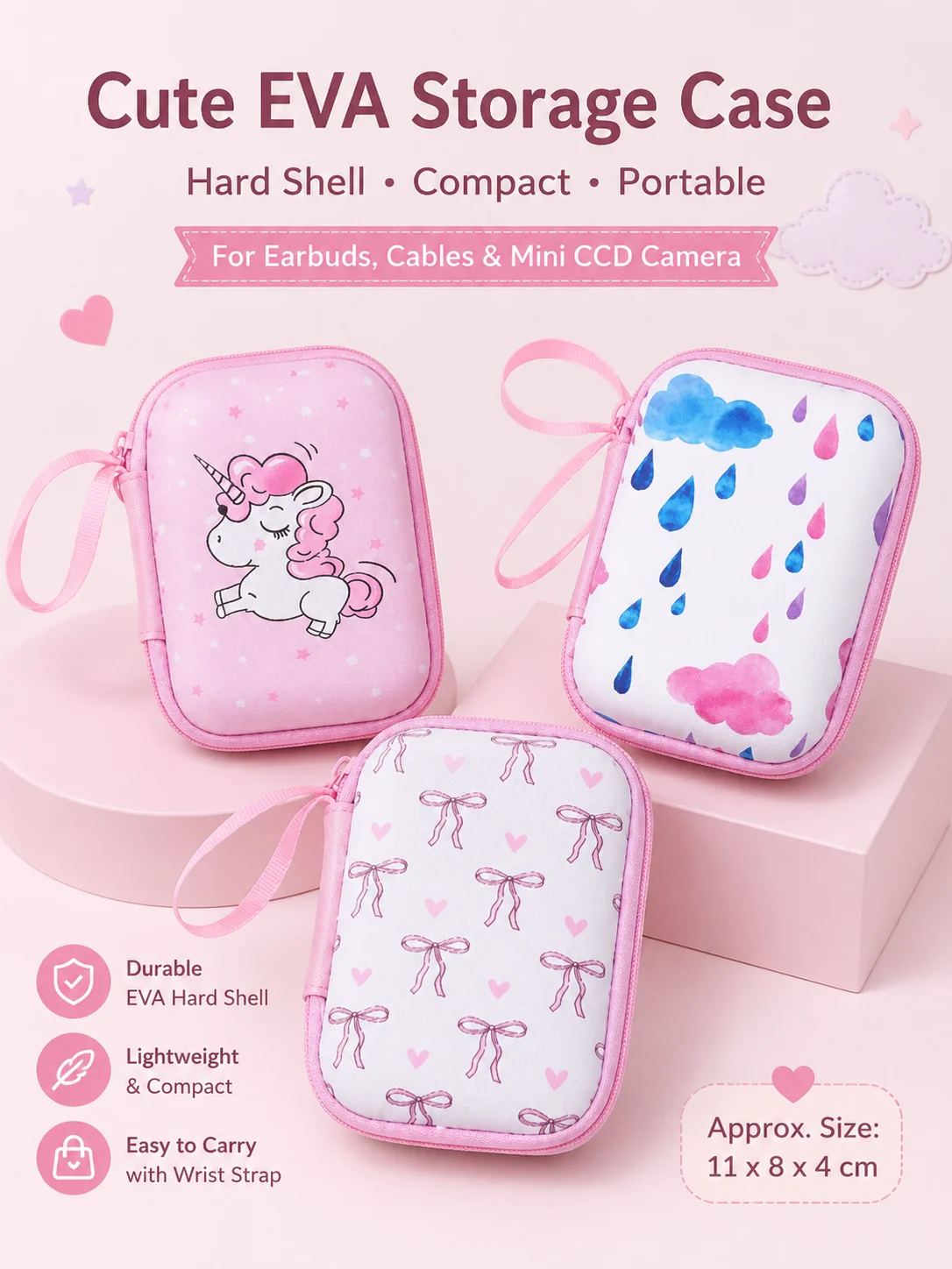 EVA Hard Shell Zipper Case, Colorful Printed Earphone Storage Pouch, Square Bag for Cables and Digital Camera