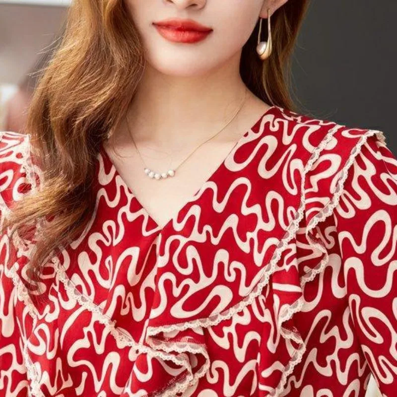 V-neck Floral Ruffled Chiffon Shirt Top 2024 Women\'s Spring Clothing New Fashion Versatile Belly Covering Long Sleeved Shirt