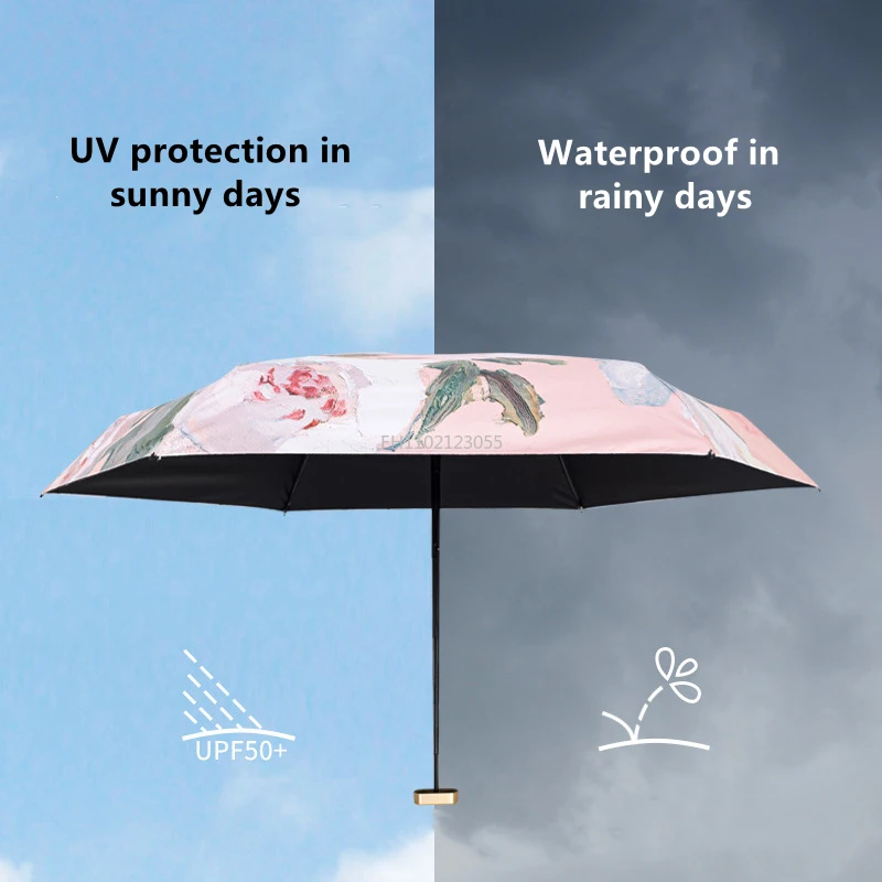 Small Portable Umbrella Woman Mini Pocket 5/6-folding Umbrella Rain Fashionable Oil Painting Travel Parasol Windproof Umbrella