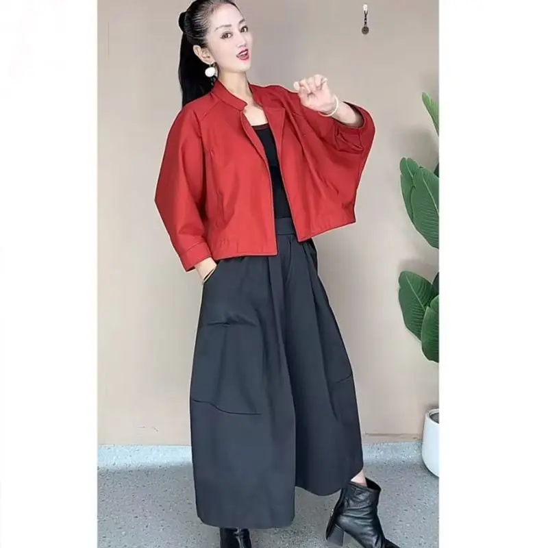 Fashion Spring Autumn Women Suit Temperament Casual Lapel Loose Short Jacket And Wide Leg Pants Two-piece Set Female Outfitts