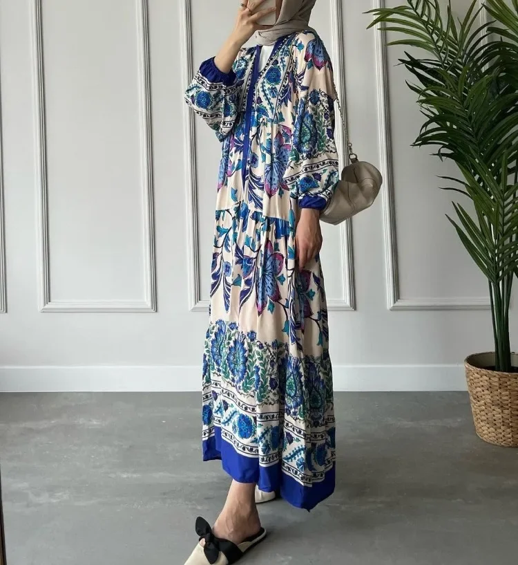 2024 Casual Autumn Women Dress Vintage Printed Ethnic Large Swing Dresses Loose V Necked Long Sleeved Robe Party Elegant Vestido