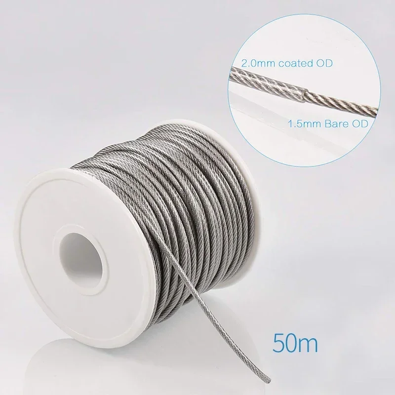 56PCS/Set 50 Meter Steel PVC Coated Flexible Wire Rope Soft Cable Transparent Stainless Steel Clothesline Diameter 2mm Kit