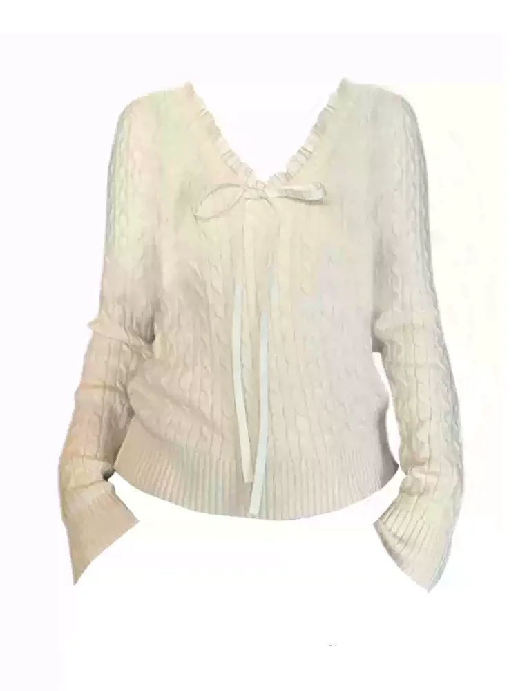 

Women's Beige V-Neck Long Sleeved Casual Knitted Sweater Y2K French Elegant Bow 2000S Fashion Retro Warm Top Sweater Clothing